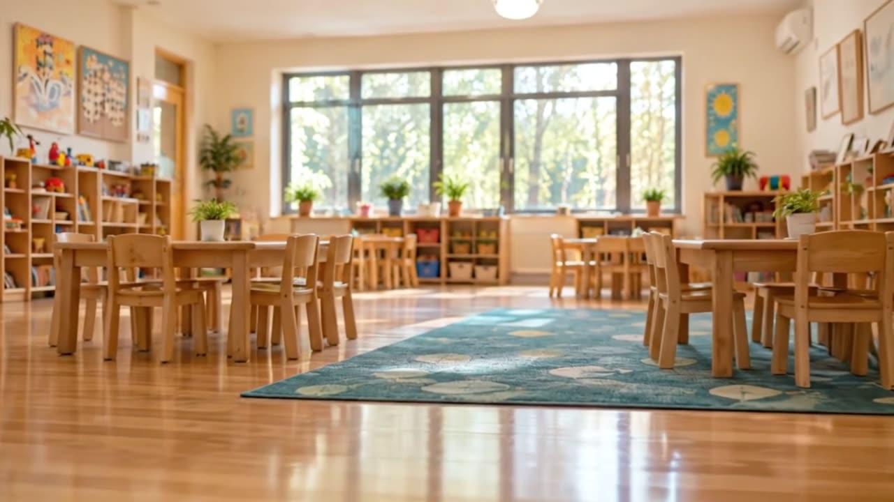 Wide view of the main playroom at Princeton Daycare, with low tables, chairs, shelving and tall windows.