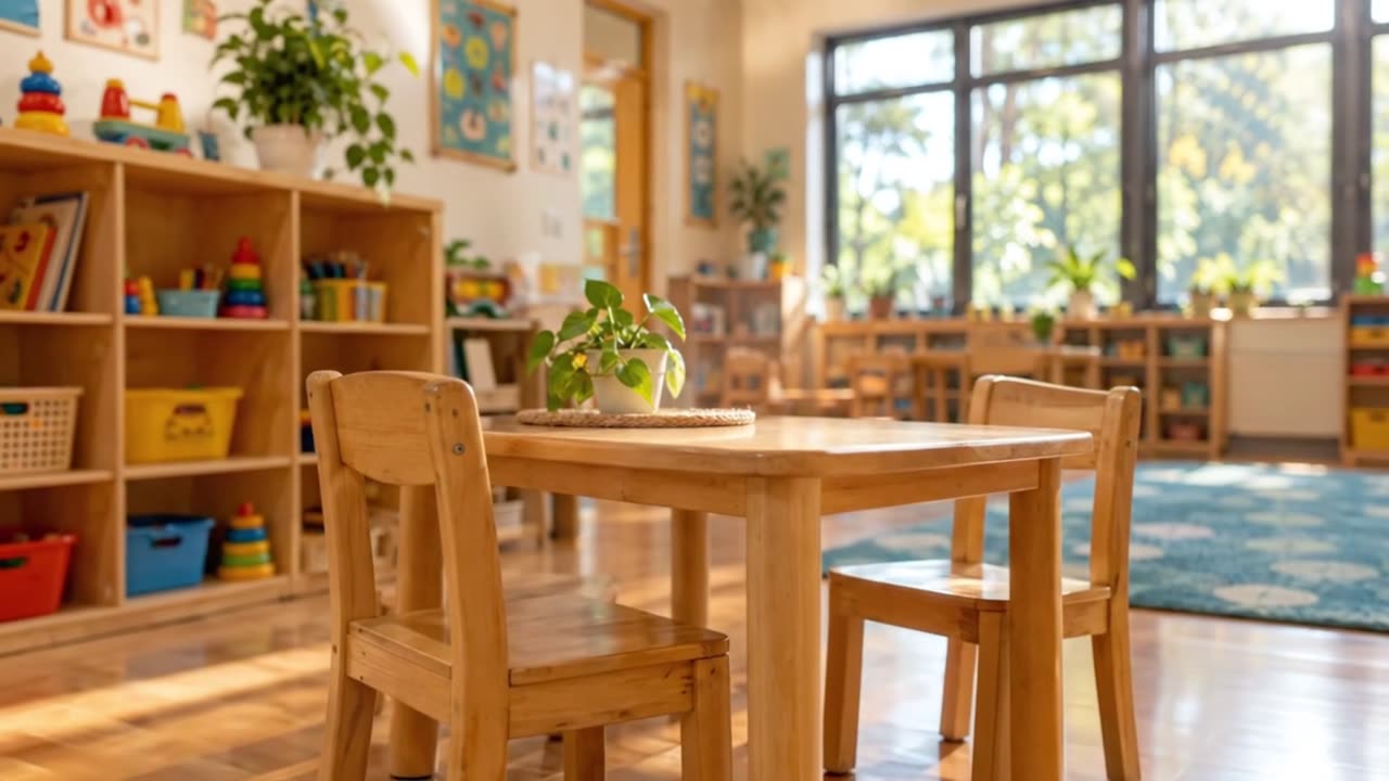 Close-up of a small wooden table with a potted plant, part of the play tables in the main room.