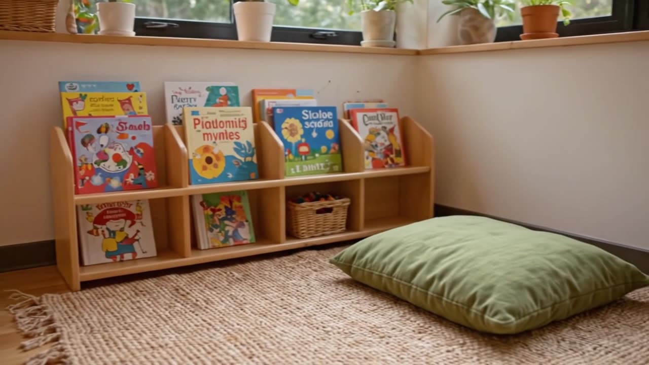 A reading corner beneath a window, with a low bookshelf of picture books and a floor cushion.