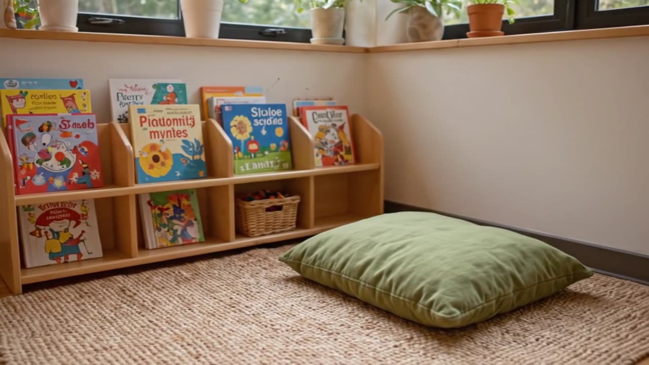 A sunlit reading corner at Princeton Daycare, with a low bookshelf full of picture books and a green floor cushion.